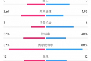 米兰vs佛罗伦萨数据：射门19比15、射正6比8、控球率52%比48%